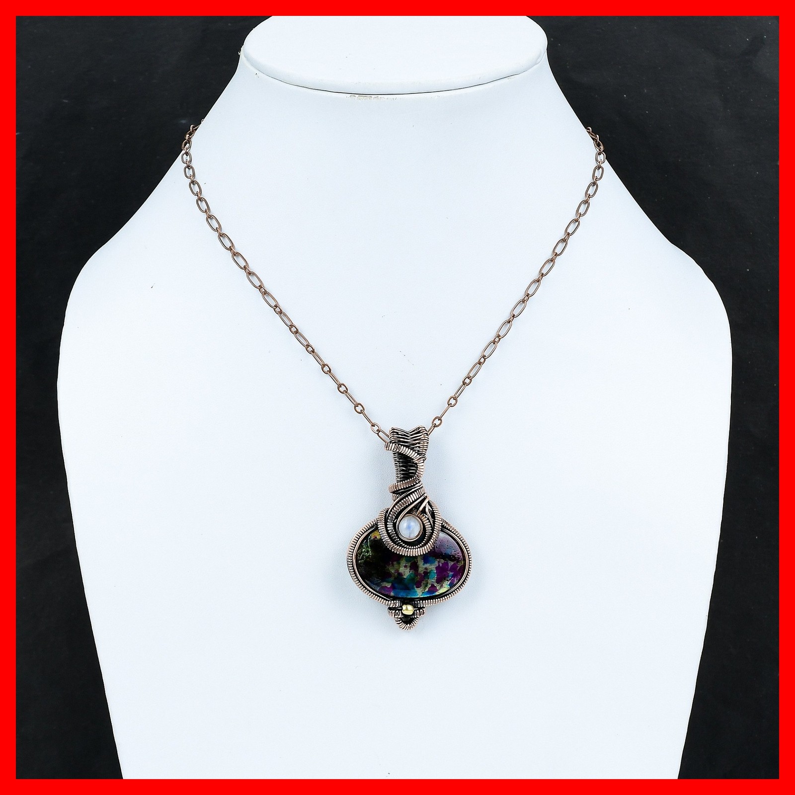 Copper Multi Fire Labradorite Gemstone Rainbow Moonstone Wire Wrapped Pendant