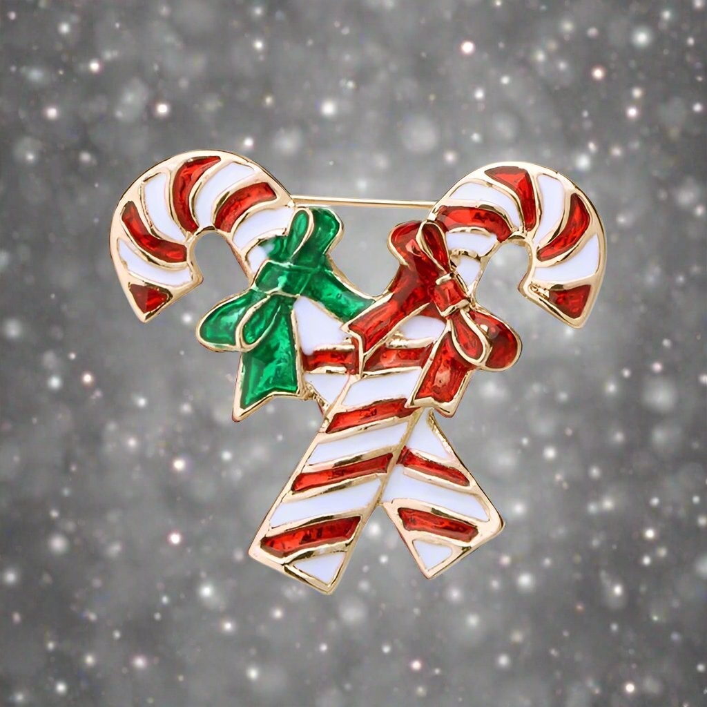 Double Candy Cane with Bow Christmas Brooch Pin