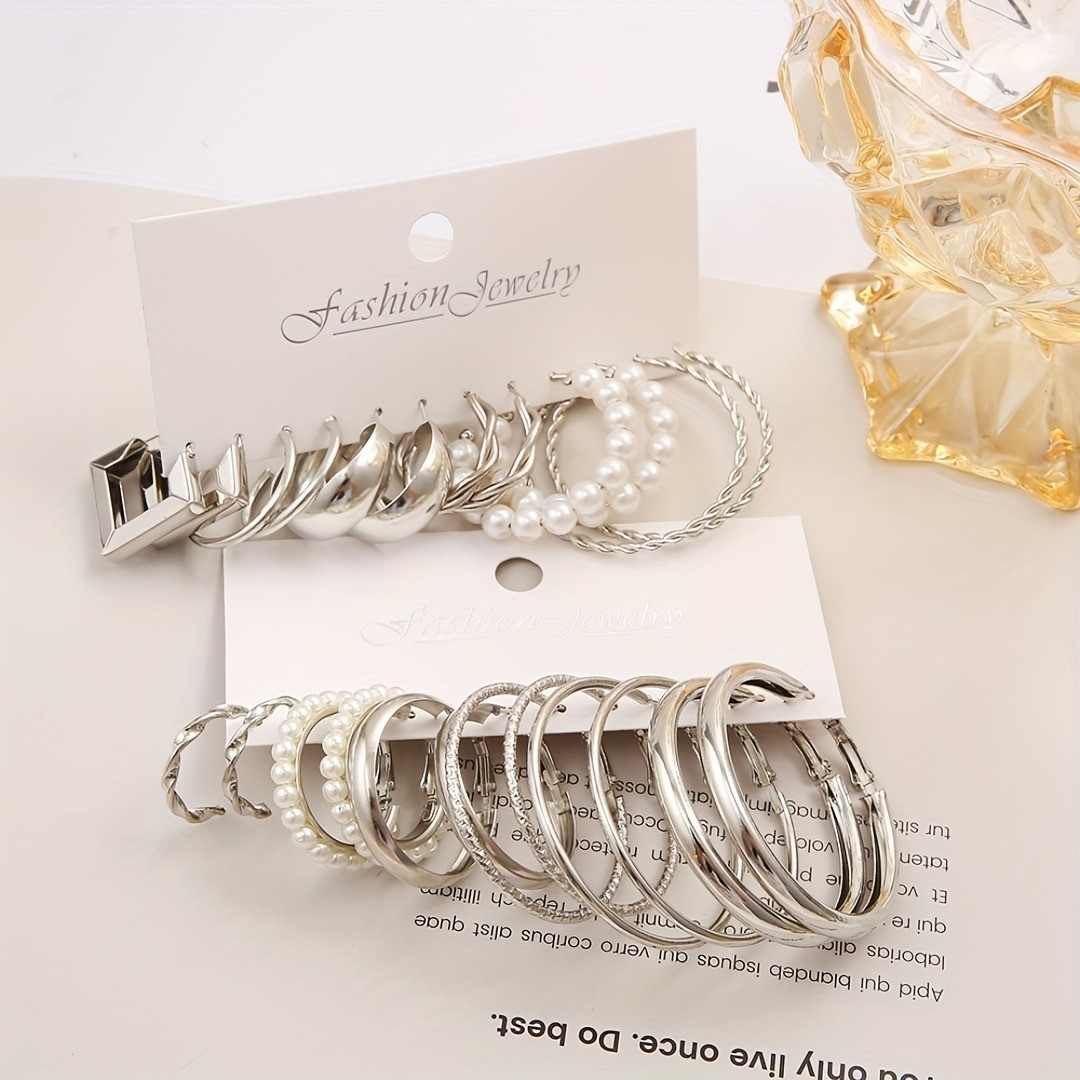 24pairs Golden Silvery Imitation Pearl Circle Hoop Earrings Zinc Alloy Jewelry