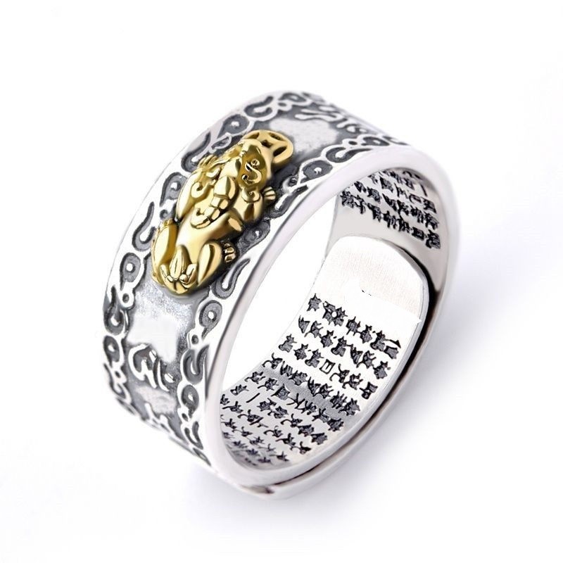 Feng Shui Pixiu Mantra Ring for Women & Men, Adjustable Size Buddhist Ring