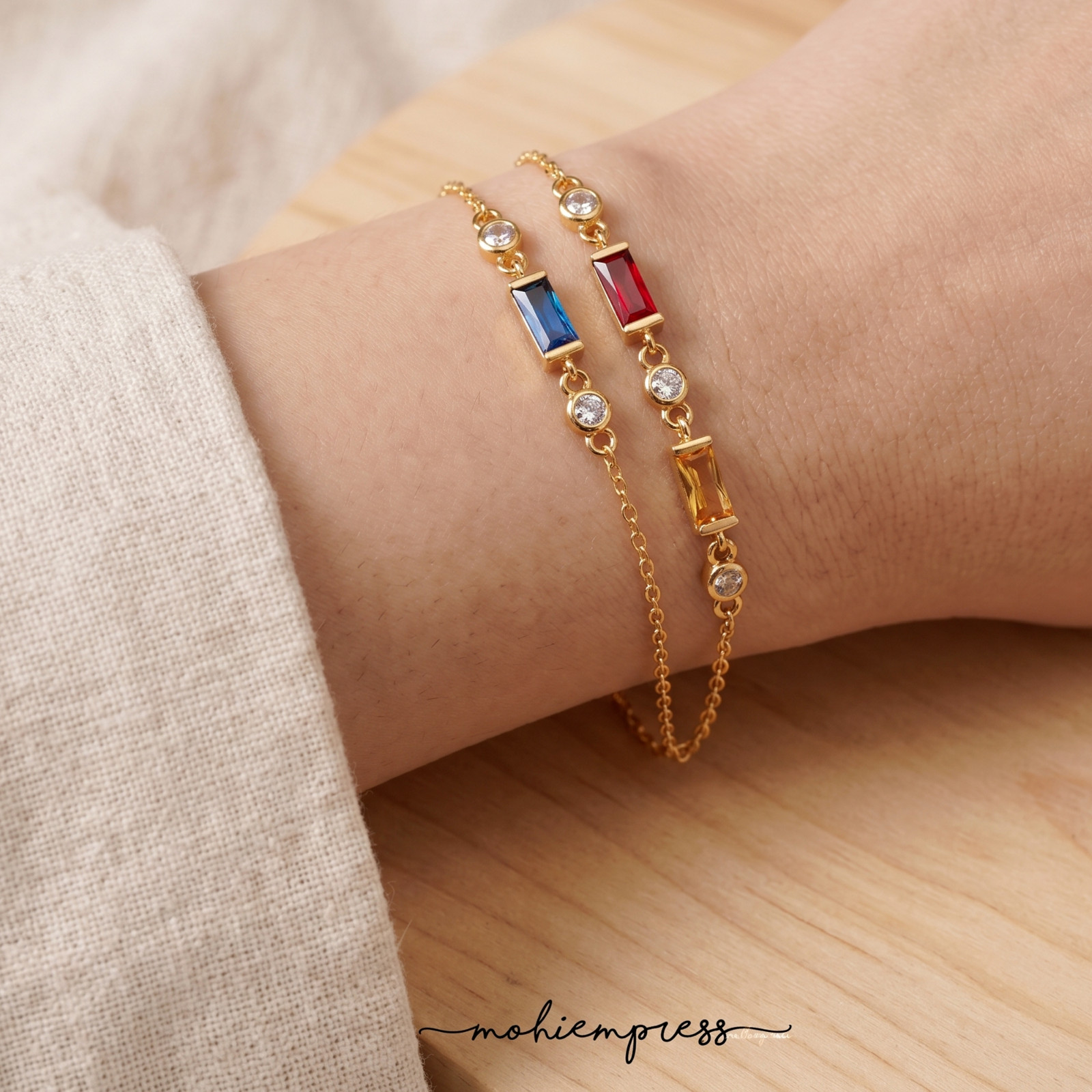 Personalized Baguette Birthstone Bracelet, Sterling Silver Gemstone Jewelry