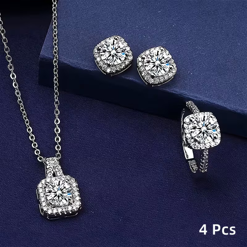 4PCS Cubic Zirconia Jewellery Set Necklace Earrings Ring Daily wear Wedding Gift