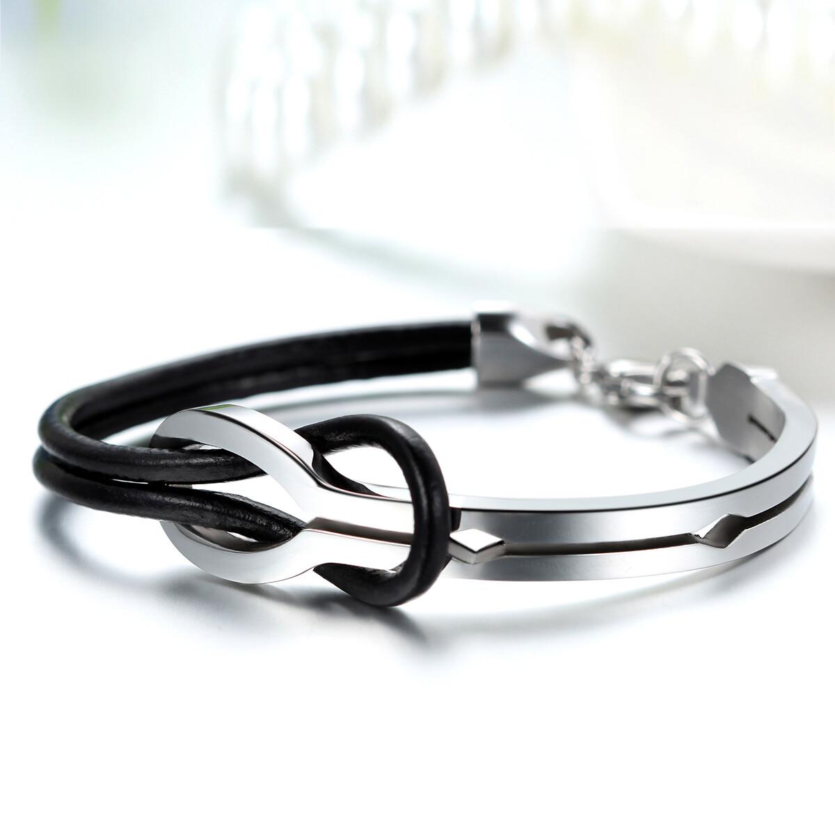 Men’s Women’s Stainless Steel Love Infinity Buckle Leather Bracelet Cuff Bangle