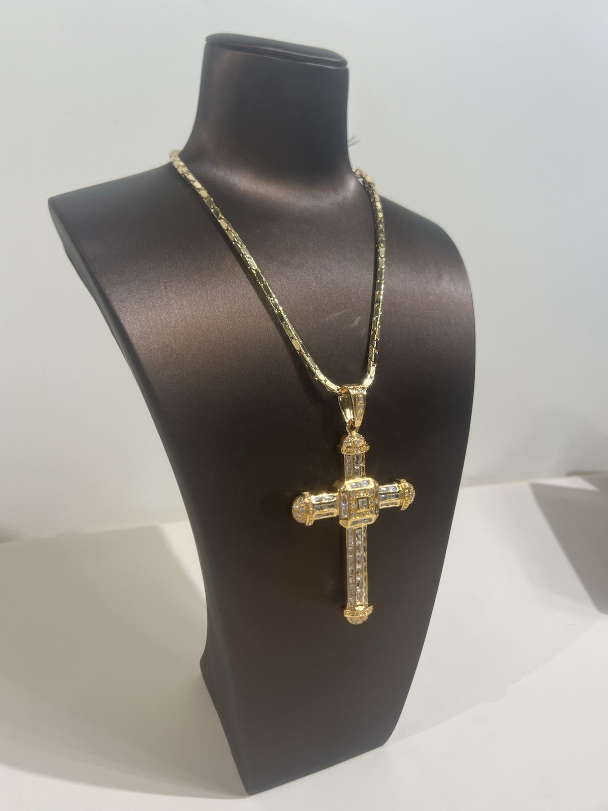 Gold Plated, Cross, Necklace, Baguette, And Round Cd Stones Pendant Unisex