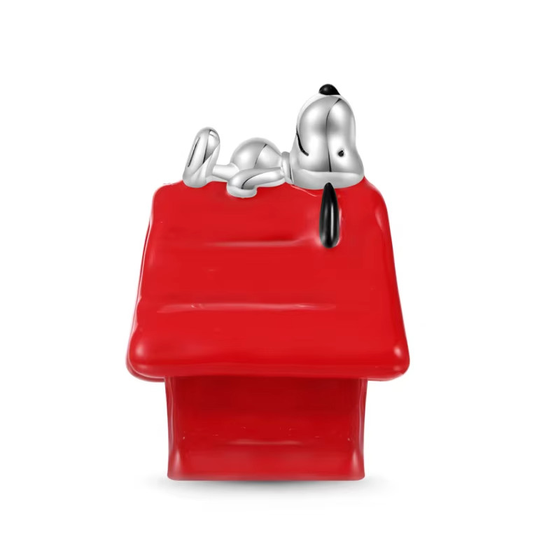 SNOOPY DOG ON RED HOUSE 925 STERLING SILVER BRACELET CHARM BEAD PENDANT & POUCH!