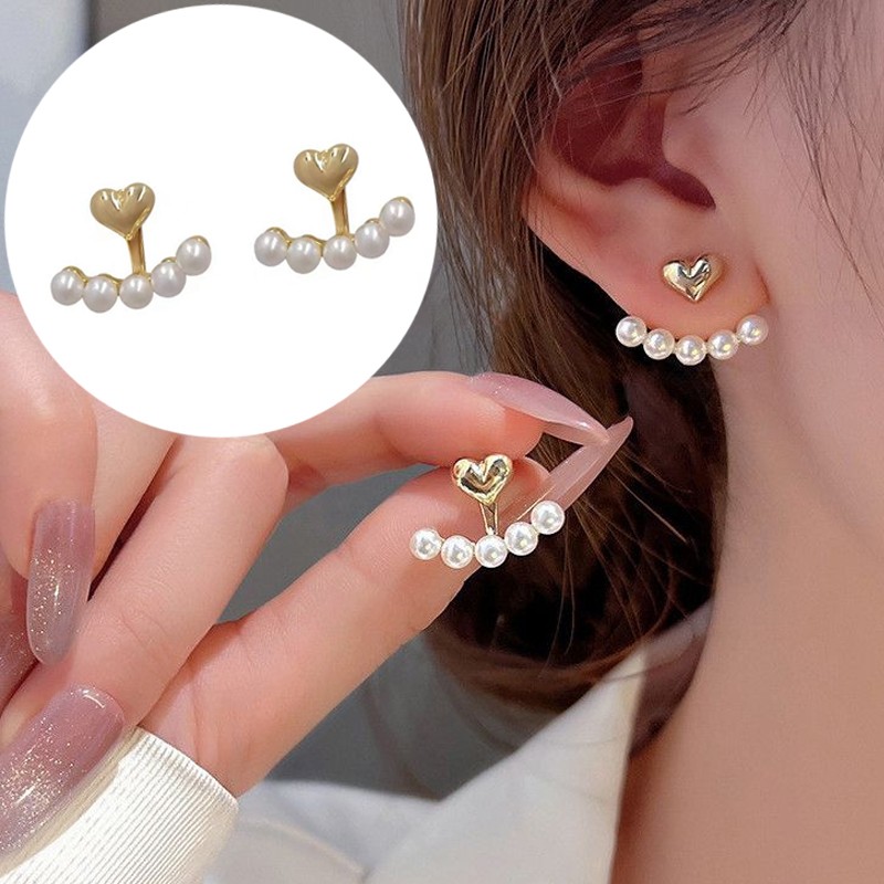 Women Pearl Earrings Back Hanging Fashion Metal Heart-Shaped New Shiny
