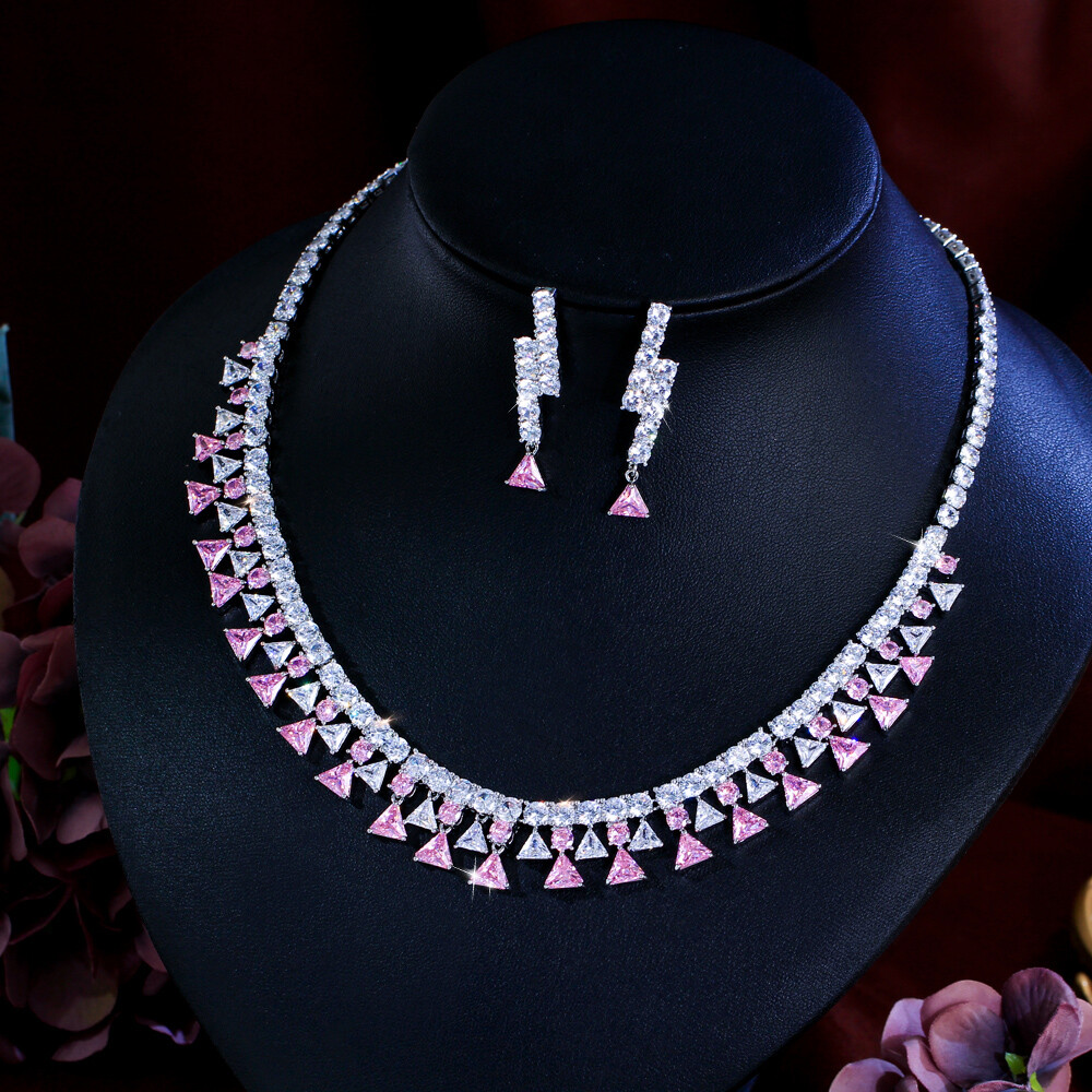 Chic Silver Plated CZ Pink Triangles Square Tennis Necklace Earrings Jewelry Set