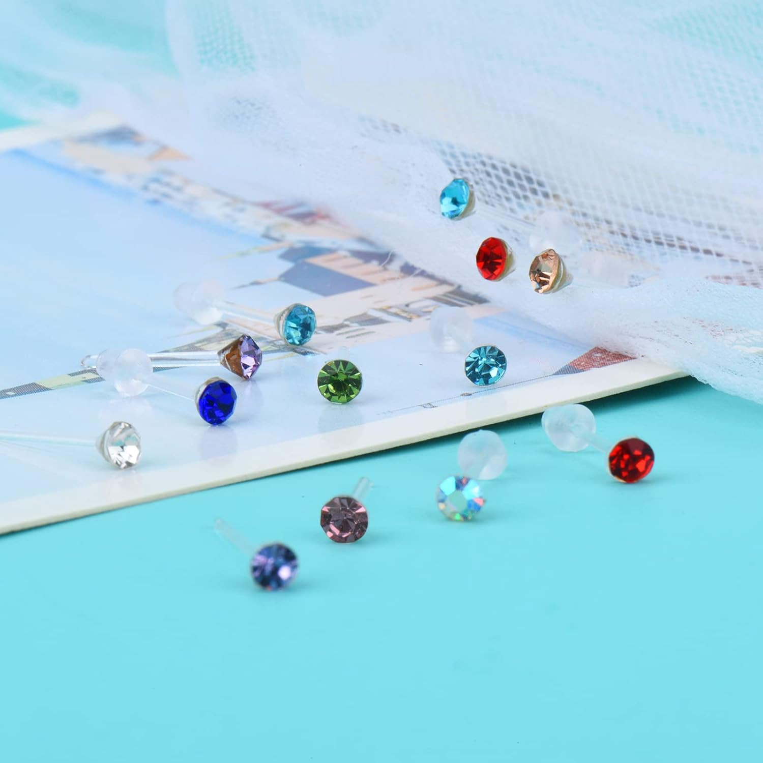 Plastic Earrings, 80pcs Colorful Cubic Zirconia Stud Earrings for Women, Medical