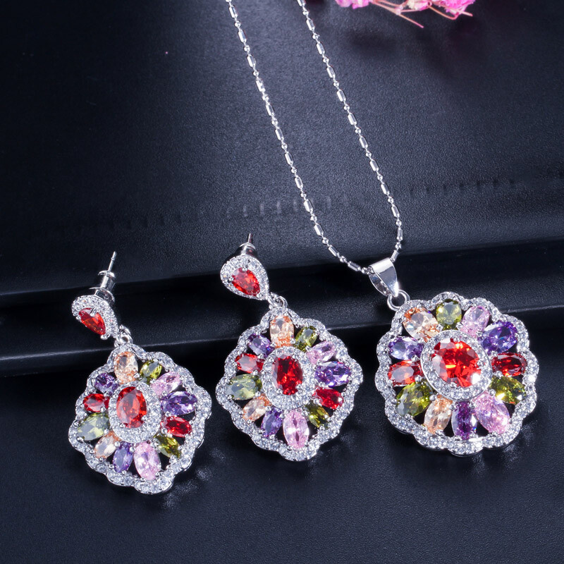 Colorful Pendant Necklace Earrings Ring Silver Plated Women CZ Party Jewelry Set