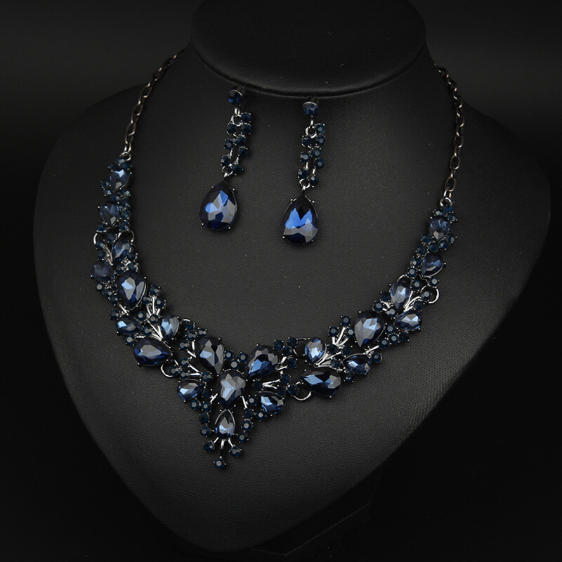 Crystal Gem Necklace Earrings Bridal Jewelry Set Statement Christmas Party Gift