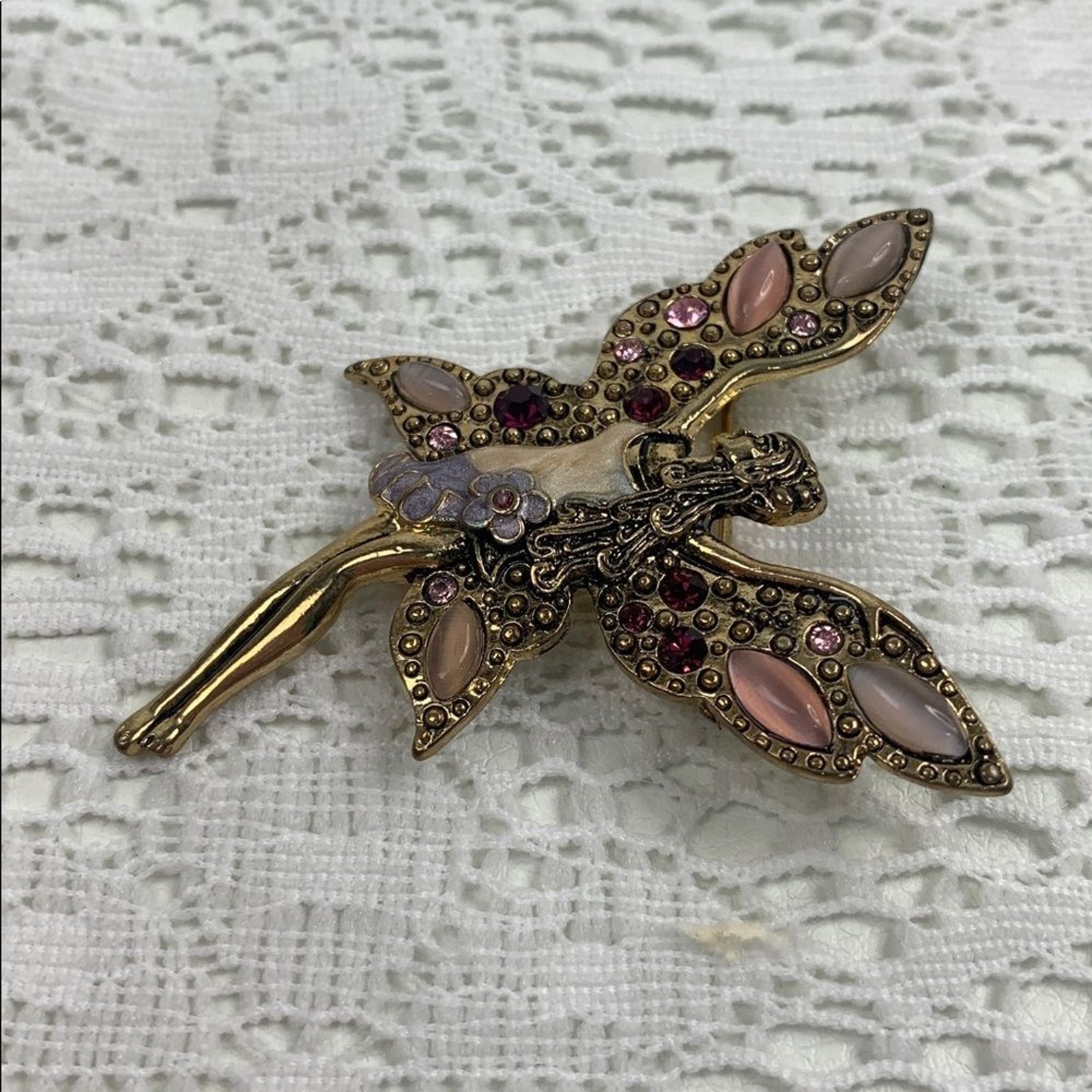 Vintage Gold and Pink Fairy Brooch Pin with gems