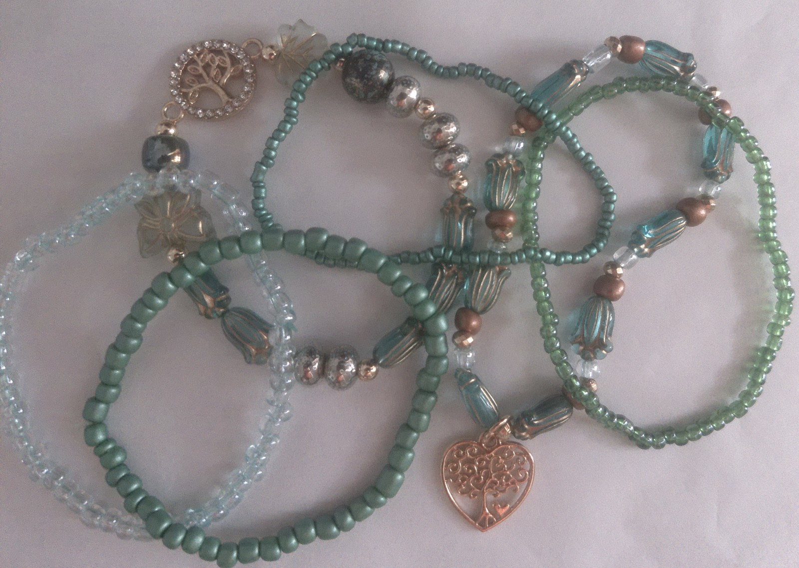 New Set of 6 Assorted Beaded Bracelets Shades of Seafoam Green All Occasions