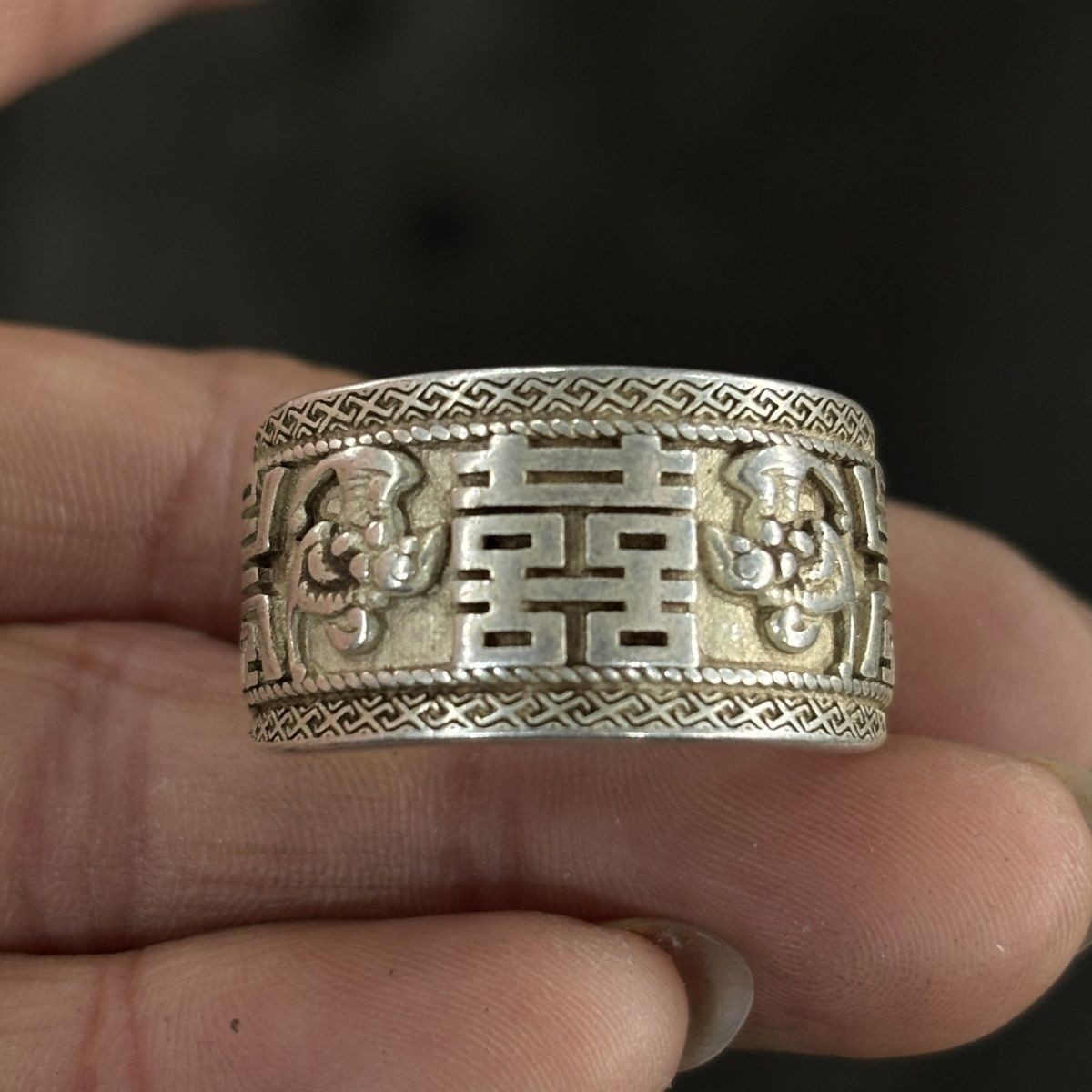 Antique Double Happiness Ring Folk Collection Copper Miao Silver Adjustable Ring