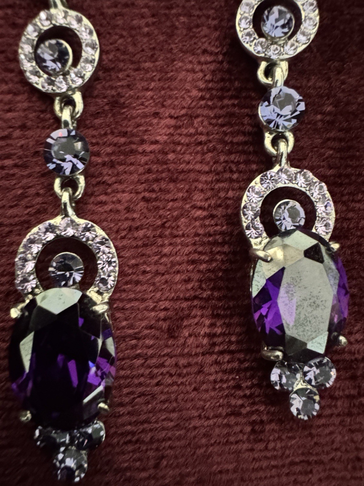 Silver Tone Purple Simulated Crystal Rhinestone Dangle Earrings 3in Butterfly