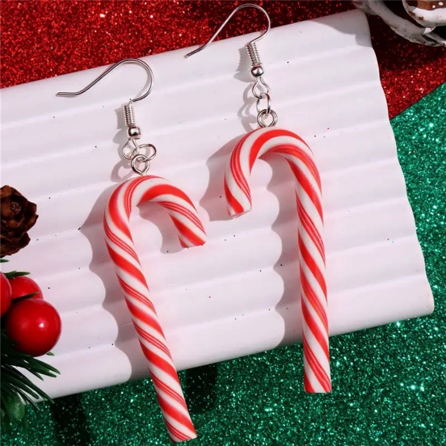 Red White Enamel Striped Ceramic Christmas Cane Silver Plated Dangle Earrings