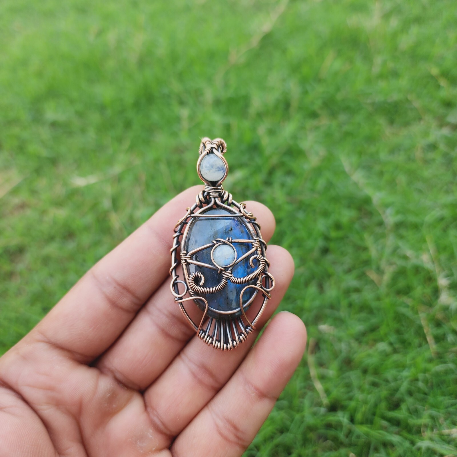 Labradorite Rainbow Moonstone Handmade Wire Wrapped Evil Eye Pendant Jewelry