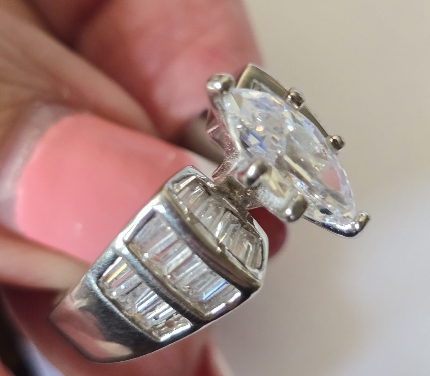 Silver Rhodium Plated Marquise Solitaire Ring Size10