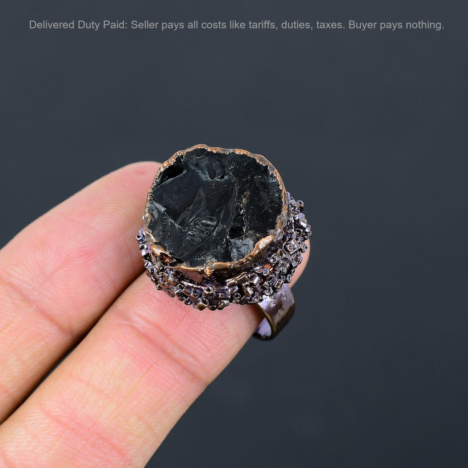 Copper Black Tourmaline Rough Stone Solitaire Electroformed Artisan Ring Jewelry