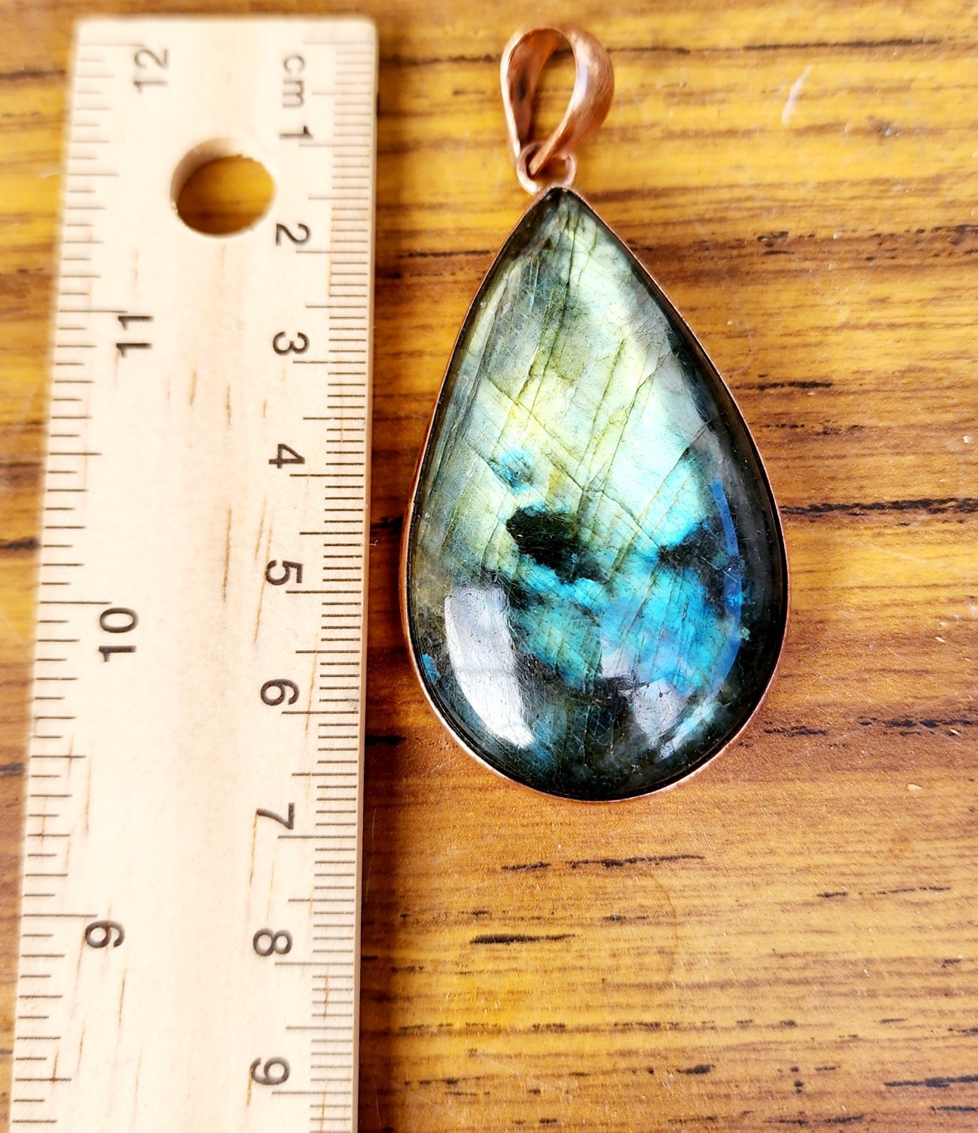 Labradorite TEARDROP PENDANT Blue Green Pear Stone Copper Bezel Set