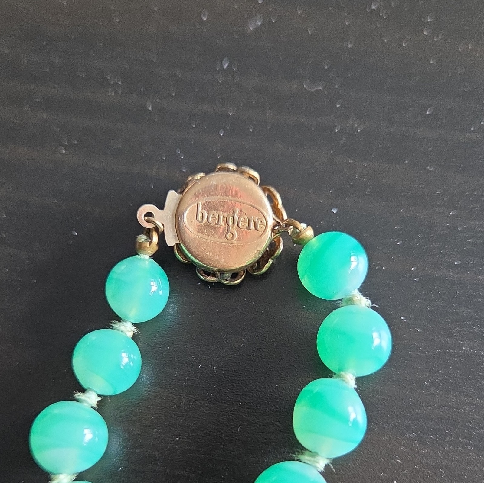Vintage Bergere Green Round Beaded Necklace, Signed, Box Clasp, 17 in