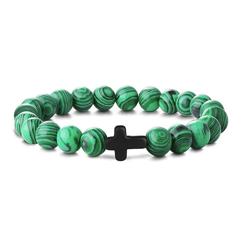 1pc Natural Stone & Wood Bead Prayer Bracelet with Cross – NEW