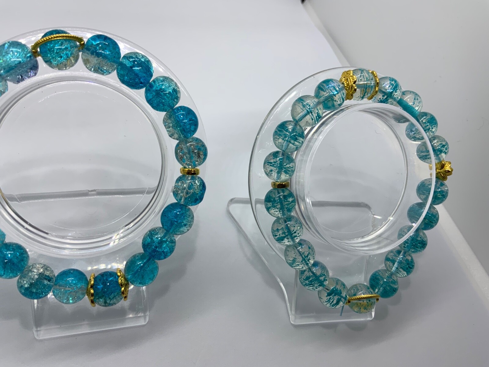 Lot of 3 Blue Teal Glass 9.5-10mm Bead Bracelet Jewelry Holiday 7in-8inch