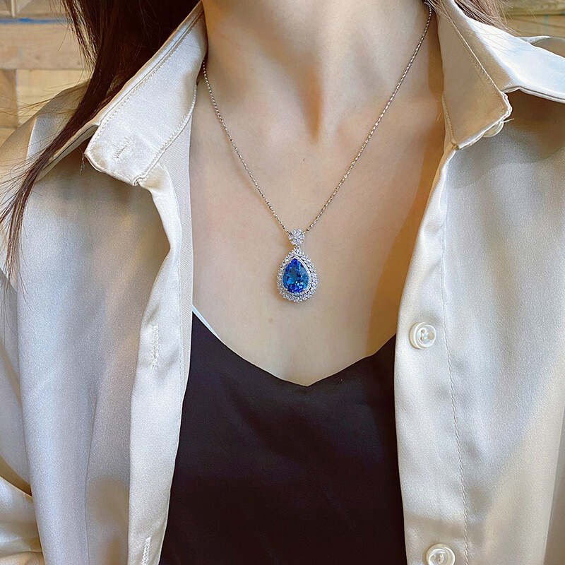 New Water Drop Blue Topaz Gemstone Charm Women Jewelry Silver Necklace Pendants