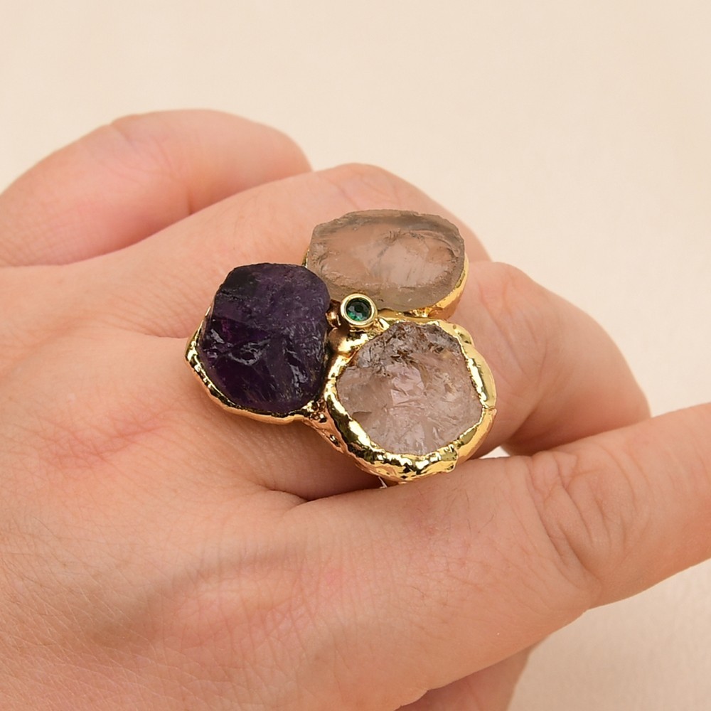 Natural Purple Amethyst Quartz Yelllow Citrine Gold Plated Rings For Women