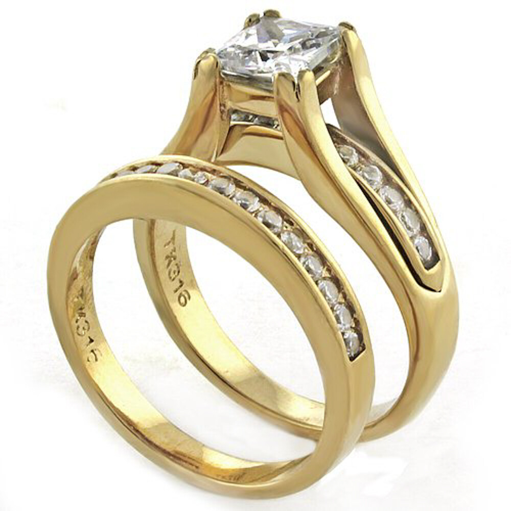 2.10 Ct Princess Cut CZ Stainless Steel 14k GP Wedding Ring Set Women’s Sz 5-11