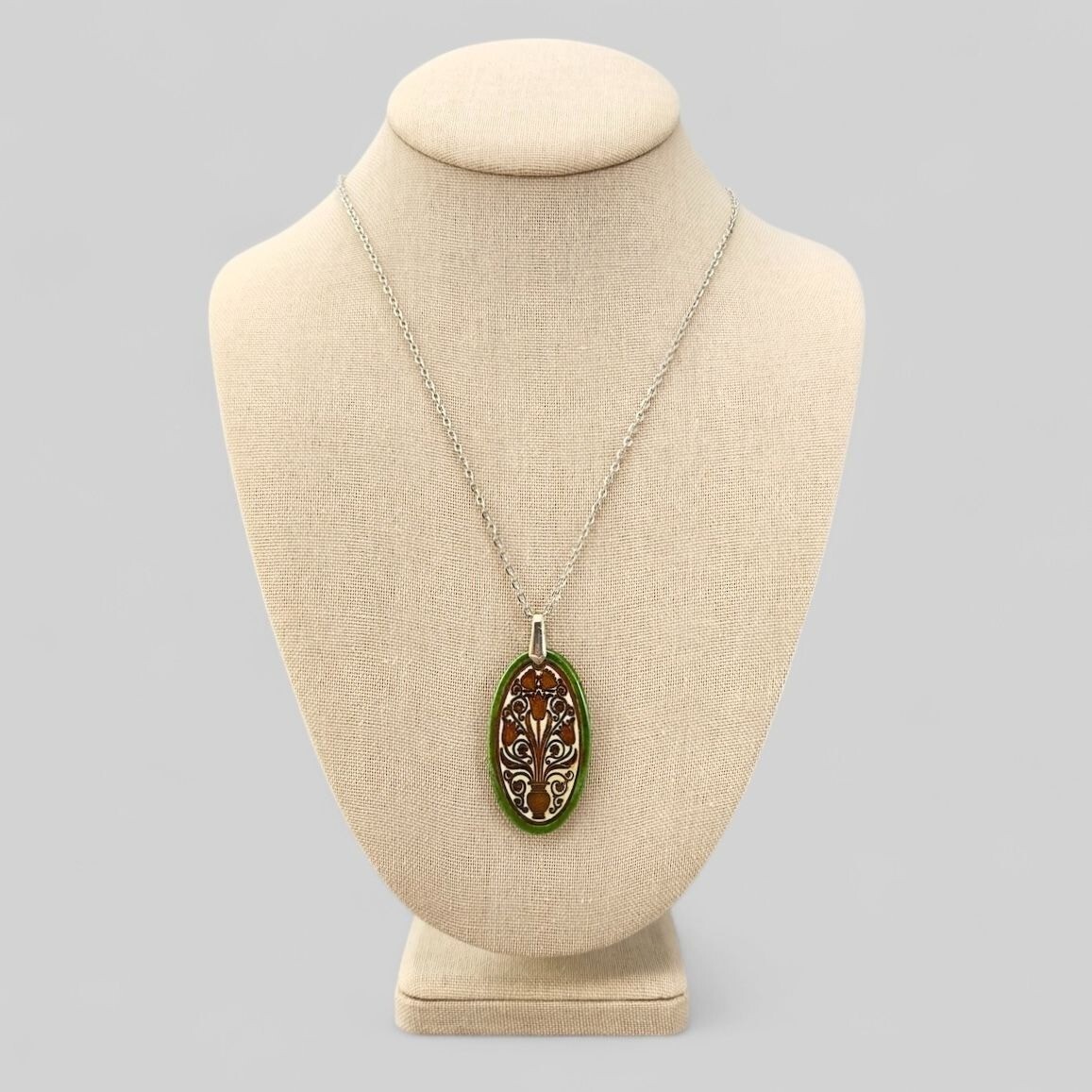 Handcrafted Oval Porcelain Tulip Vase Floral Pendant Necklace Silver Tone Chain