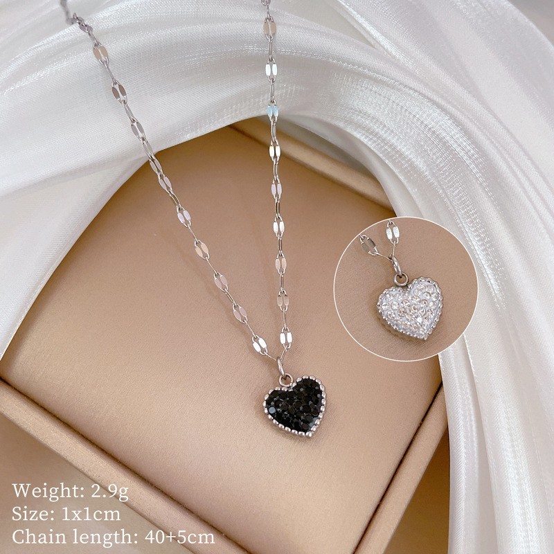 DIEYURO Black White Crystal Heart Reversible Necklace 316L Stainless Steel Gift