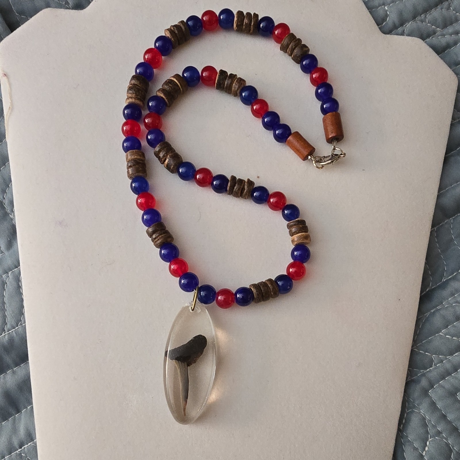 Shark Tooth Beaded Necklace, Clear Oval Charm Pendant, Red Blue Beads, Lobster