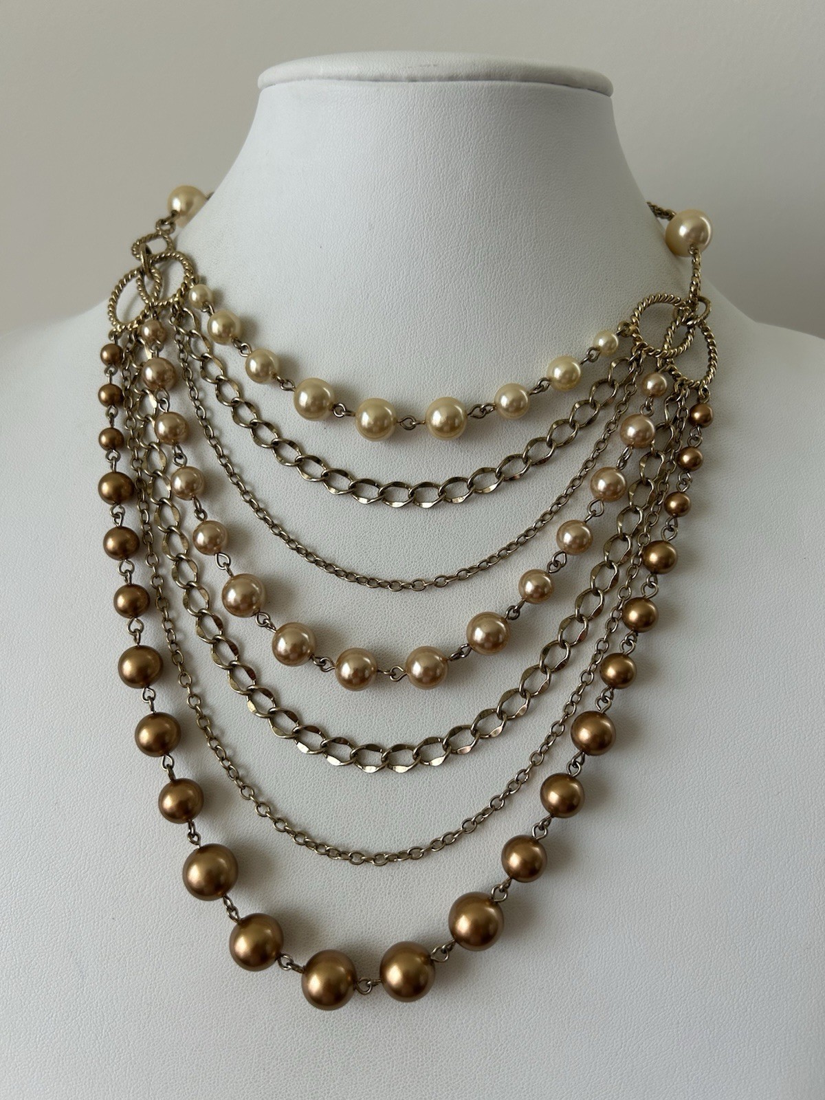 Multi Strand Gold Faux Pearl & Chain Statement Necklace 18”