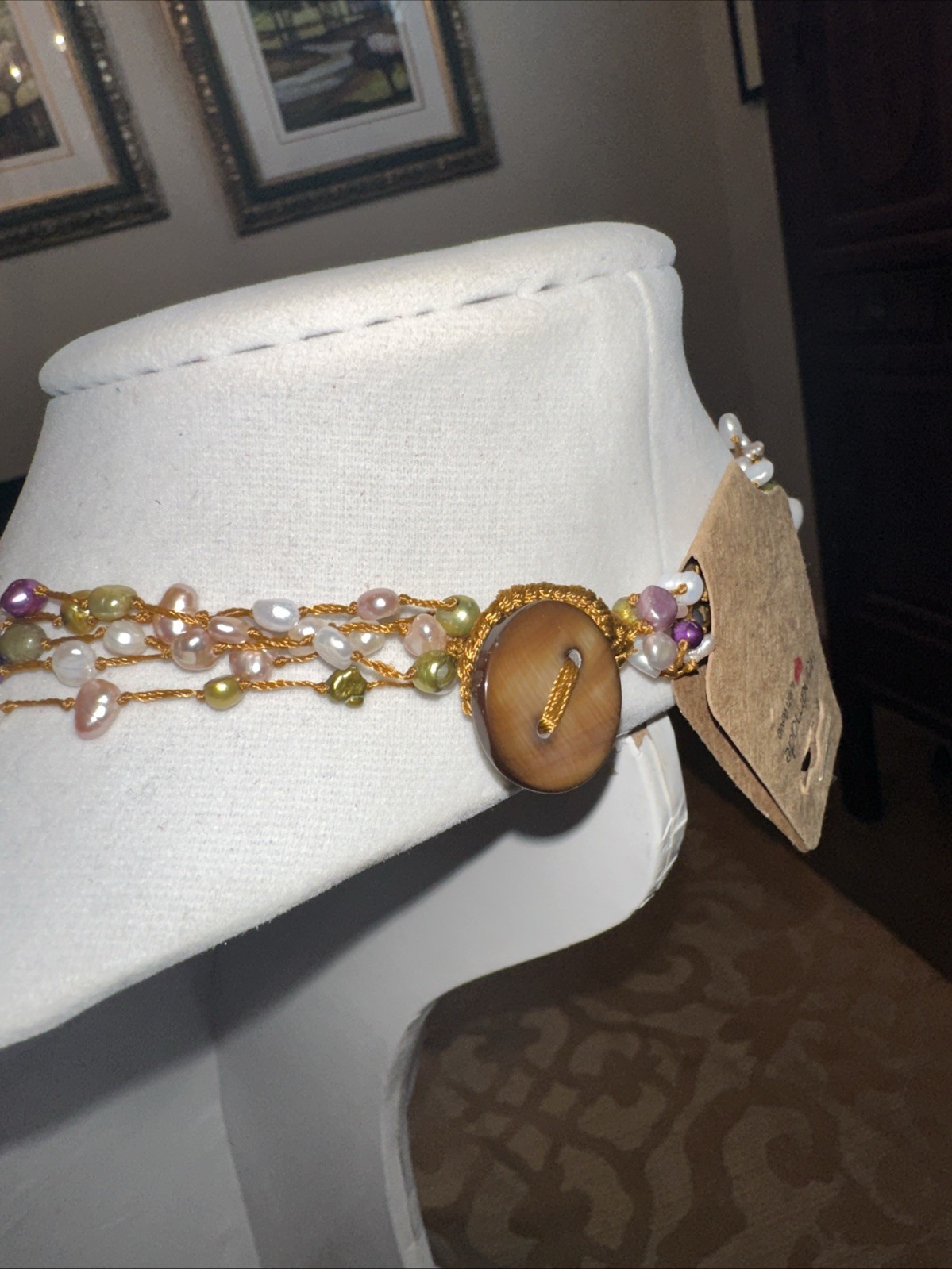 Boho Multi Strand Freshwater Pearl Necklace Pink Green Bronze White Cord Layered