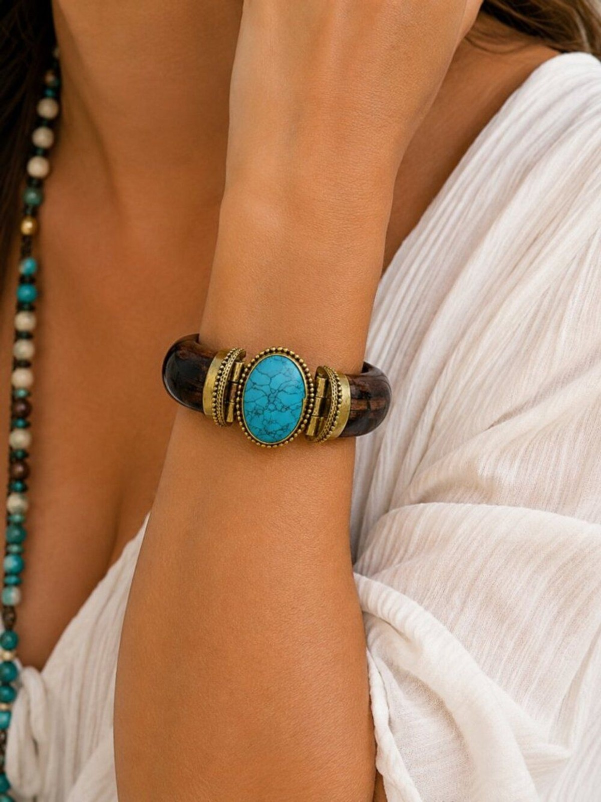 Designer Handmade Turquoise Buffalo Bone Bracelet Boho Statement Cuff NWT