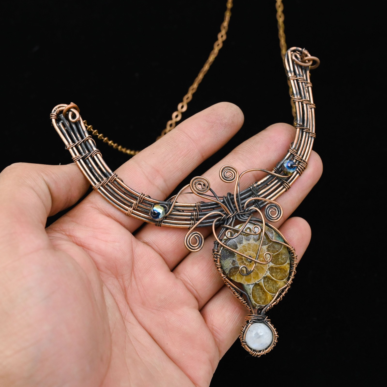 Copper Wire Wrapped Ammonite Pendant Necklace Artisan Handcrafted Necklace