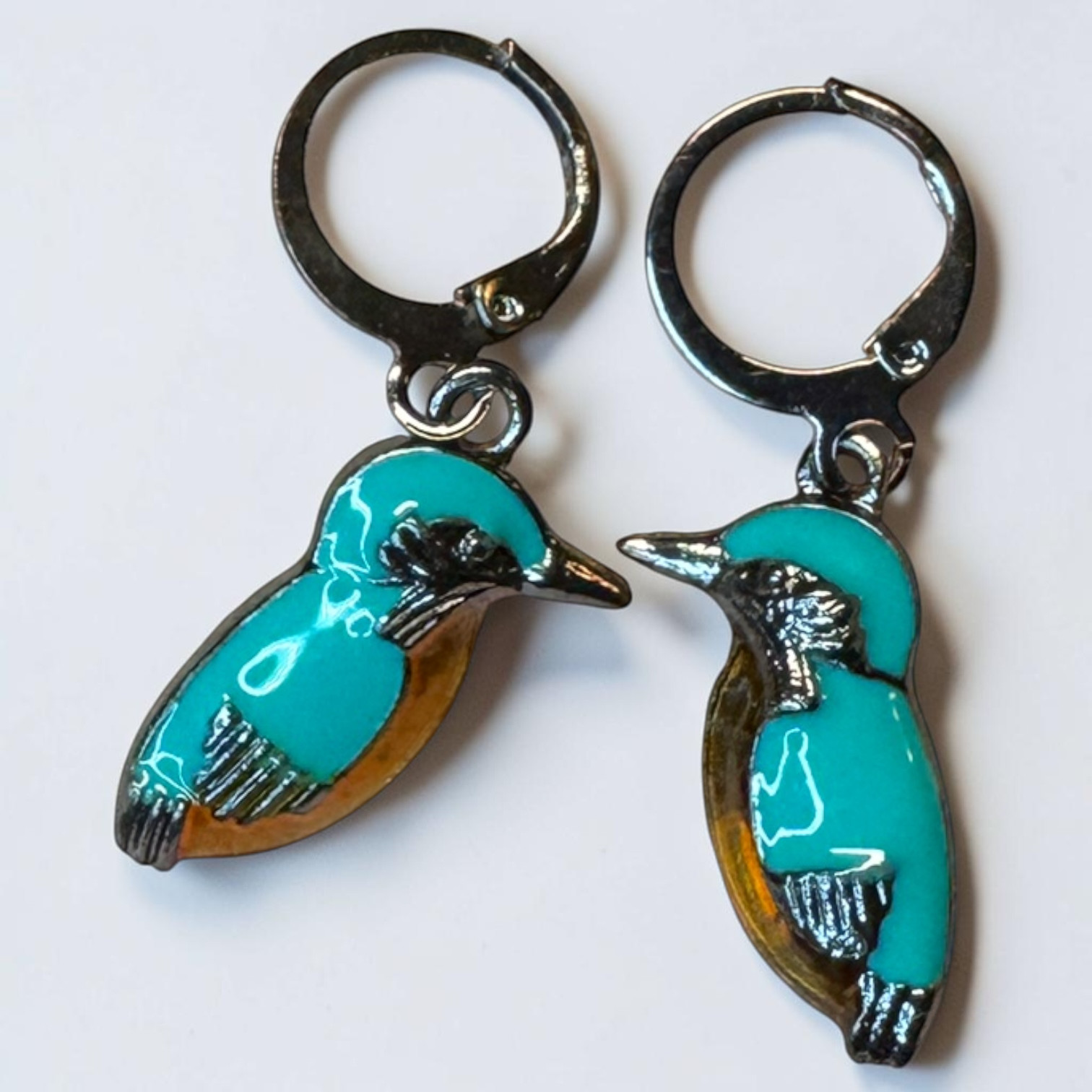 Kingfisher Bird Hoop Earrings Turquoise Enamel Silver Tone Cute Nature Wildlife