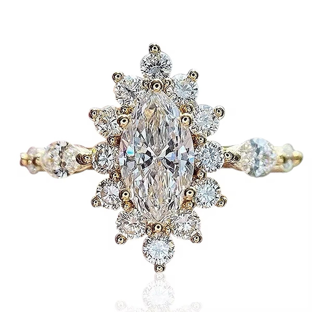 Sunburst Marquise Cut Crystal Cluster Ring 14K Gold Plated Cocktail Size 6