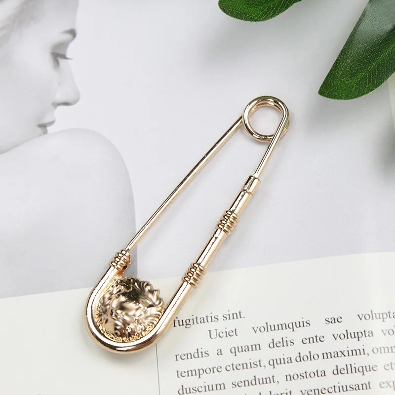 Vintage Large Safety Pin Brooch Double Lion Head Waist Closing Decor Suit Jewelr