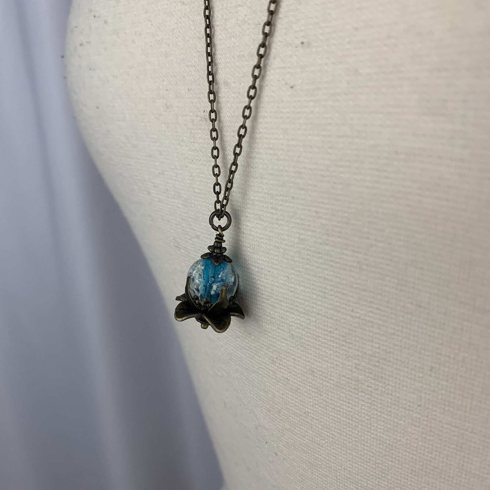 Long Boho Pendant Necklace Brass Tone Blue White Cloud Sky Look Glass Bead 30″