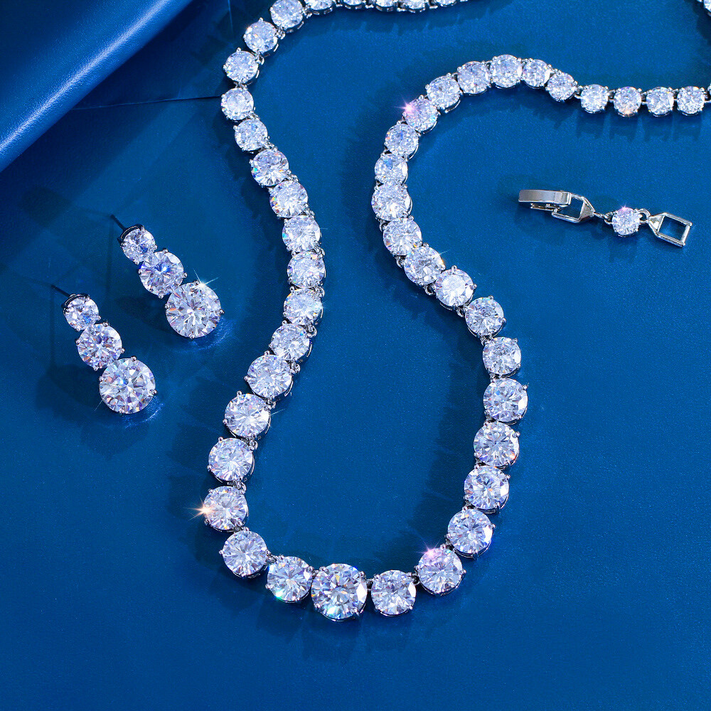Round Cubic Zirconia Tennis Necklace Earrings Silver Plated Wedding Jewelry Set