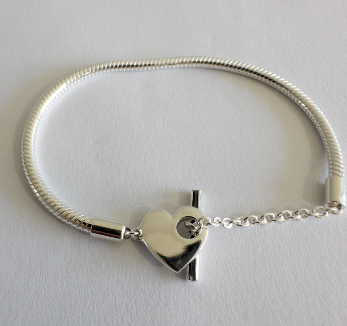 NEW Pandora Silver Bracelet HEART T-BAR Snake Chain 7.5in – 19cm #599285C00