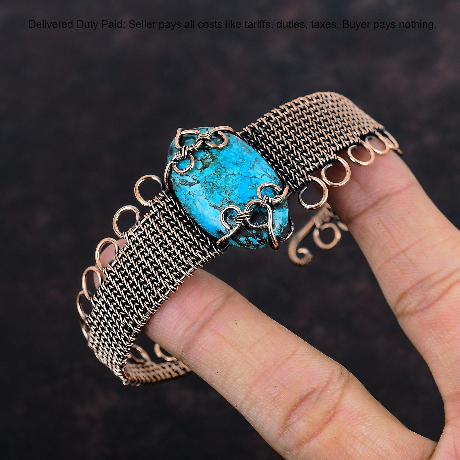 Copper Oval Tibetan Turquoise Stone Engagement Wire Wrapped Sister Trendy Bangle