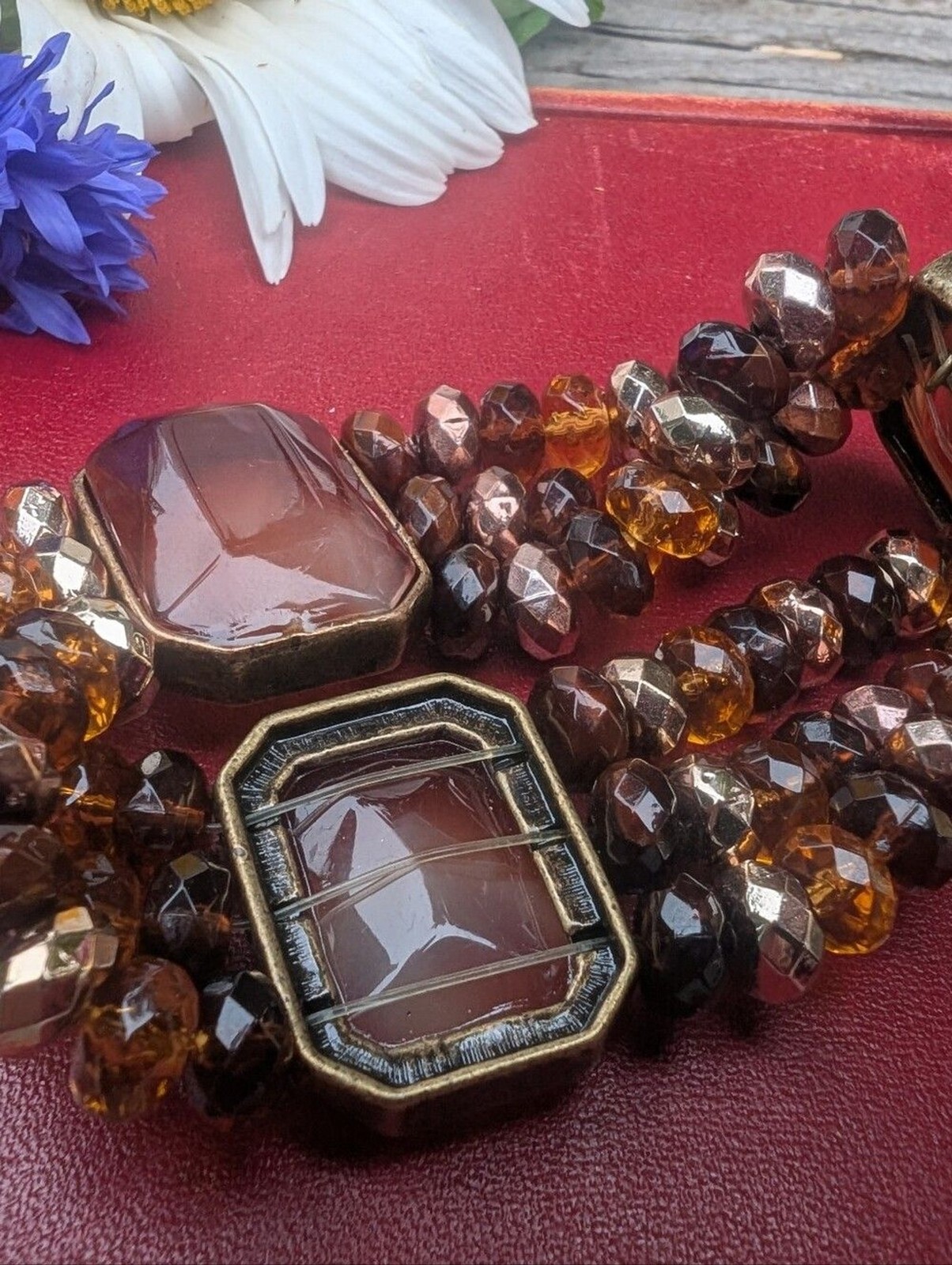 Cookie Lee Amber and Brown Faceted Bead Stretch Bracelet with Center Stone