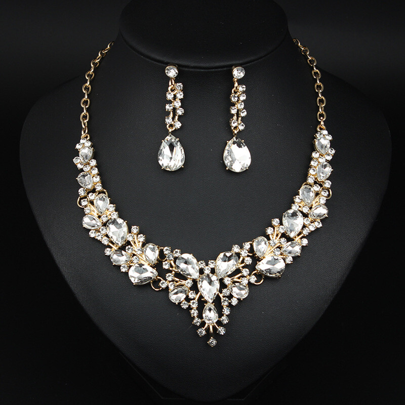 Crystal Gem Necklace Earrings Bridal Jewelry Set Statement Christmas Party Gift