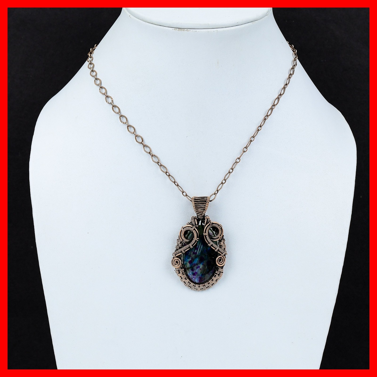 Oval Mystic Fire Labradorite Stone Copper Boho New Wire Wrapped Ethnic Pendant