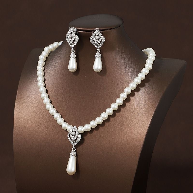 Silver Alloy Jewelry Set Imitation Pearl Drop Necklace Evening Party Accessory