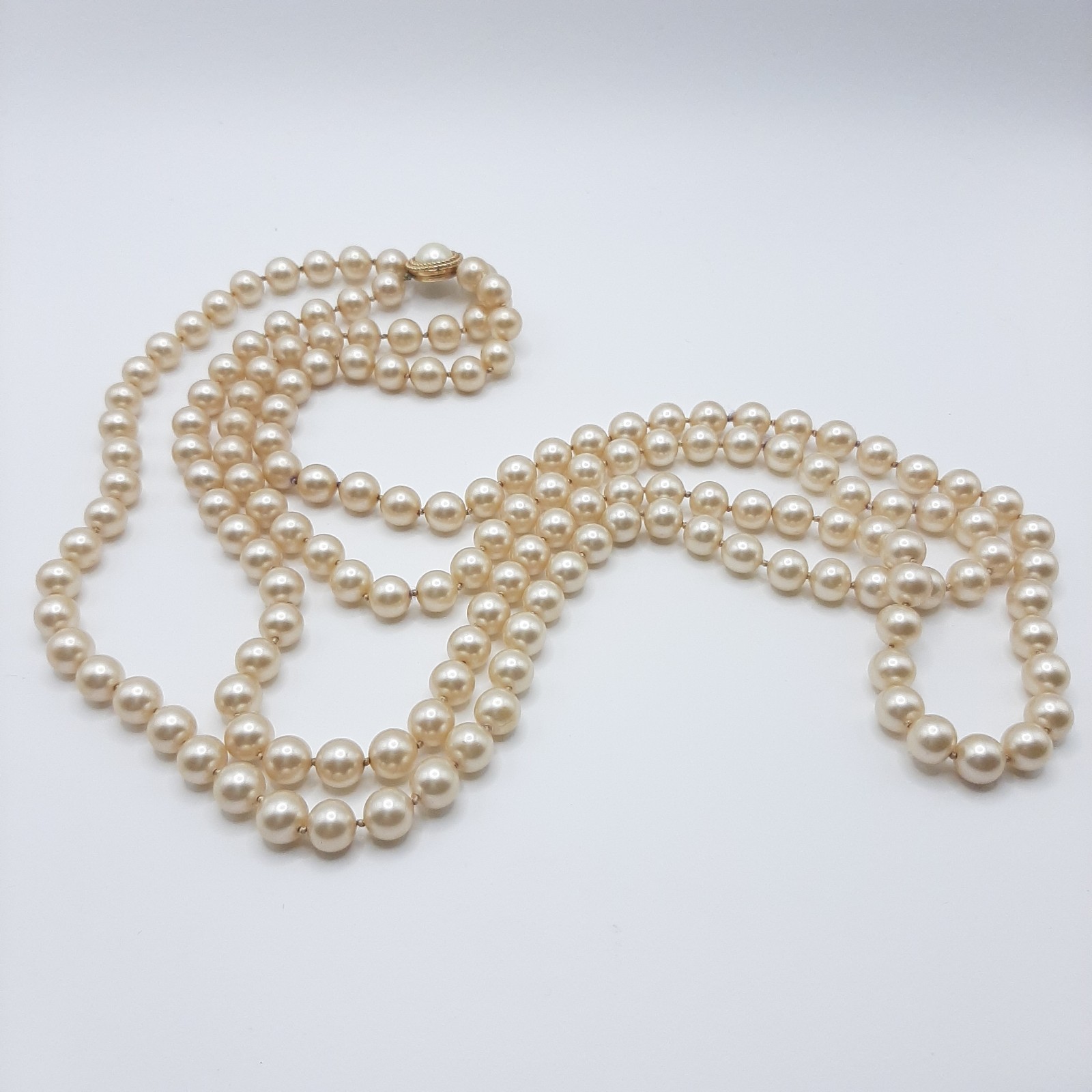 Crown Trifari Vintage MCM Multistrand Faux Ivory Pearl Necklace Cabochon Clasp