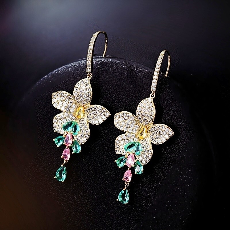 18K Gold Filled Simulated Crystal Sparkling Five Leaf Flower Teardrop Earrings
