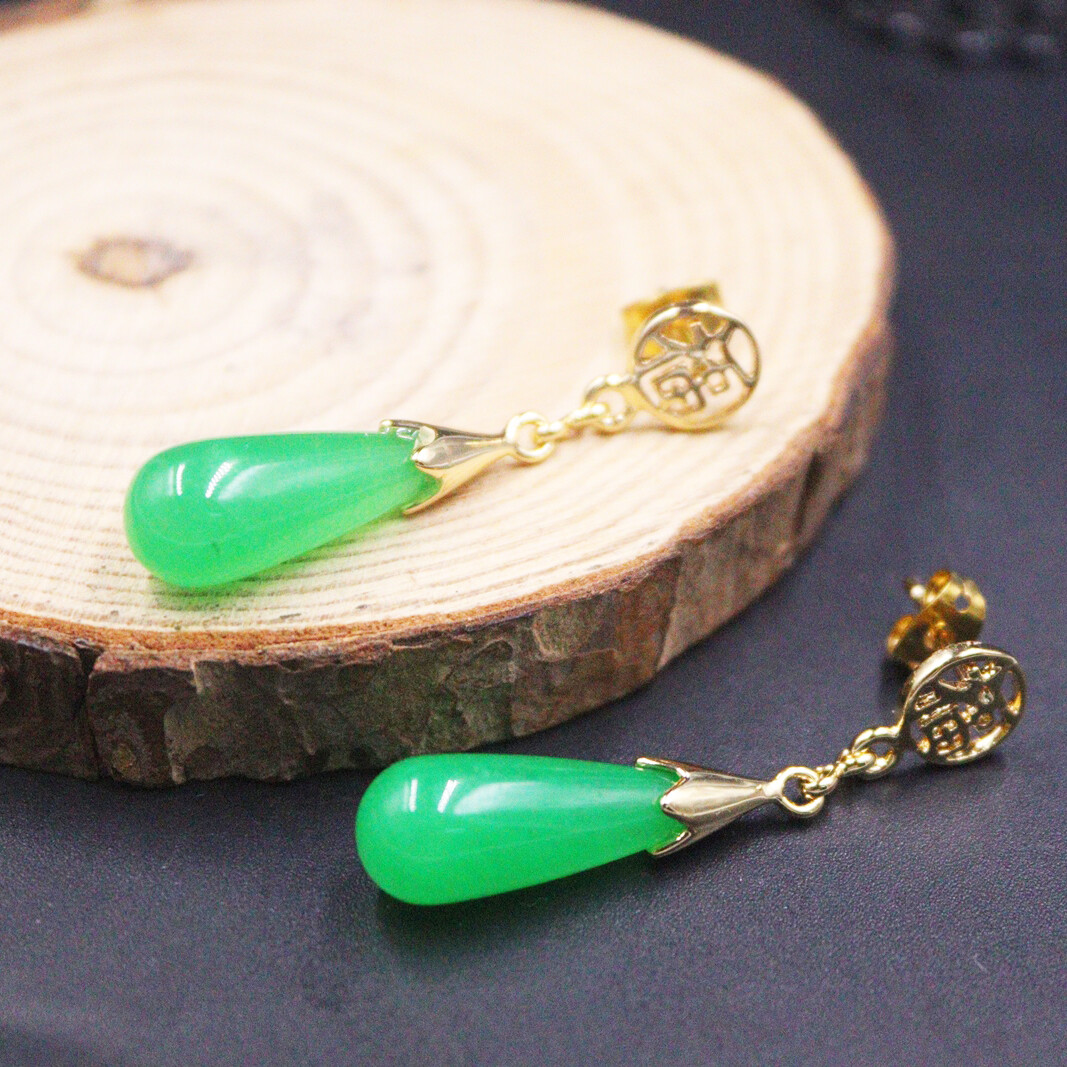 Handmade Chalcedony Earrings Hook 18K Gold Plated Green Jade Earrings Dangle